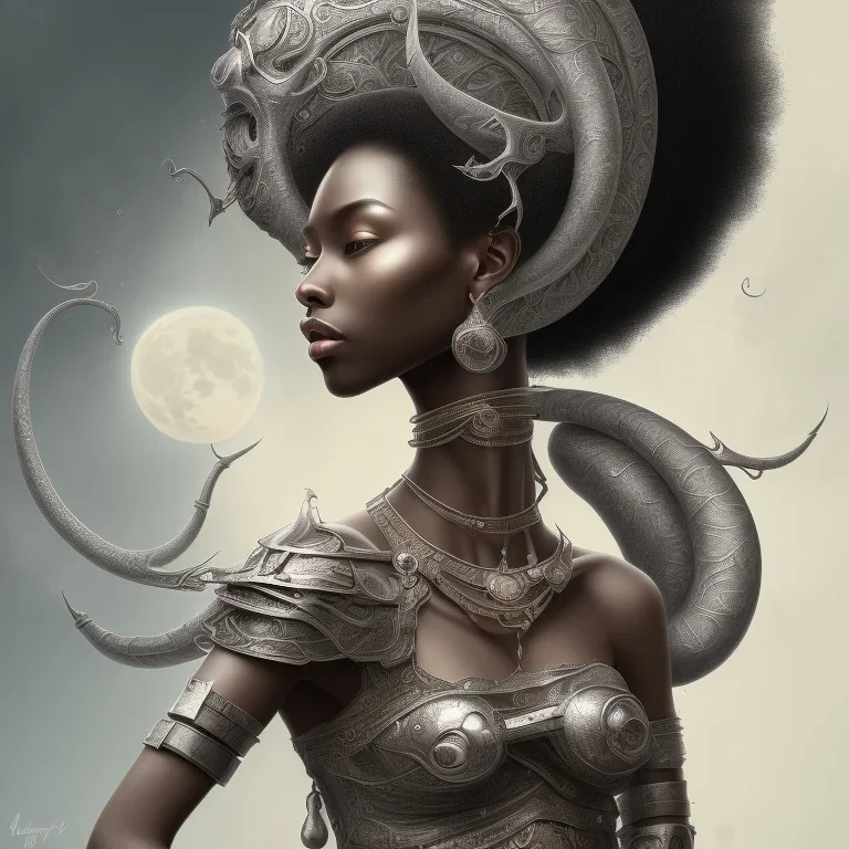 sango fantasy, fantasy magic, intricate, sharp focus, illustration, highly detailed, digital painting, concept art, matte, masterpiece head sexy view black African beauty black afro hair space lady silver snakeskin African princess moon rain