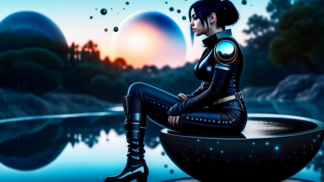 fantasy photo of a woman with black hair, sitting on a ledge over a pond, wearing an android-looking catsuit, sideways, with a planet behind her head