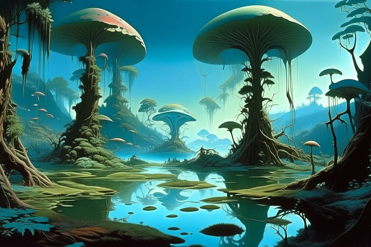 looking out over a lake, in an alien forest, flying mushrooms with jellyfish tenacles formed into gnarled trunks, Roger Dean