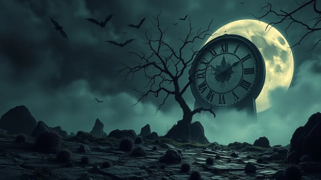 surreal dreamlike scene, nightmare on eart and in sky, midnight in the garden of death, some small black prickly balls on the earth and on sky, mystic gloomy, surreal dark shadows and pale light, stones, cracked eart, dark winter-like vibe, dark weird shapes floatings ,come strom , dark green moss, weird giant black musroom, bats on sky, branch on eart, ruins, rock, deep dark colors, dark twisting tendrils around big clock ,Clock 12 o clock, moon with black darkness, wind, fog, detailed,