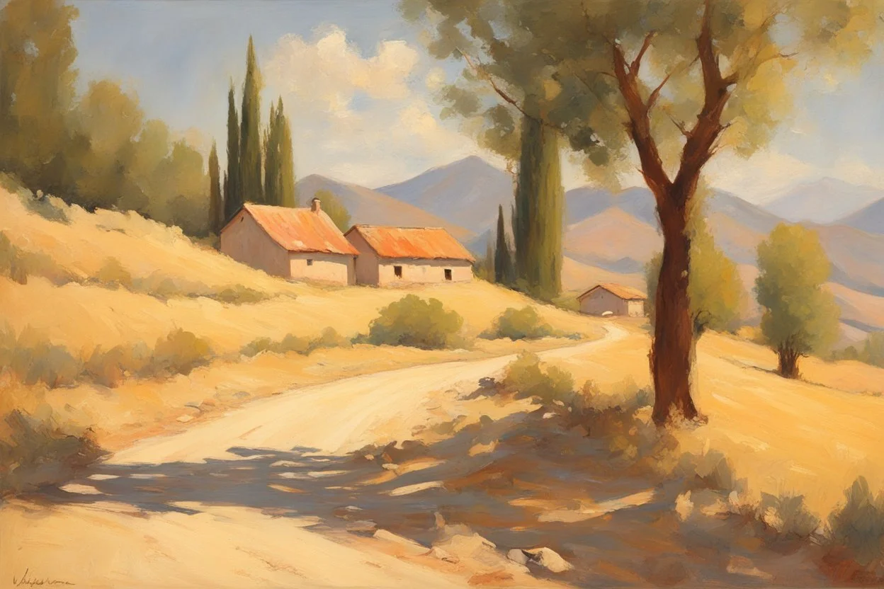 sunny day, mountains, trees, dirt road, countryside, nostalgy influence, adobe house, henry luyten and ludwig dettman impressionism paintings