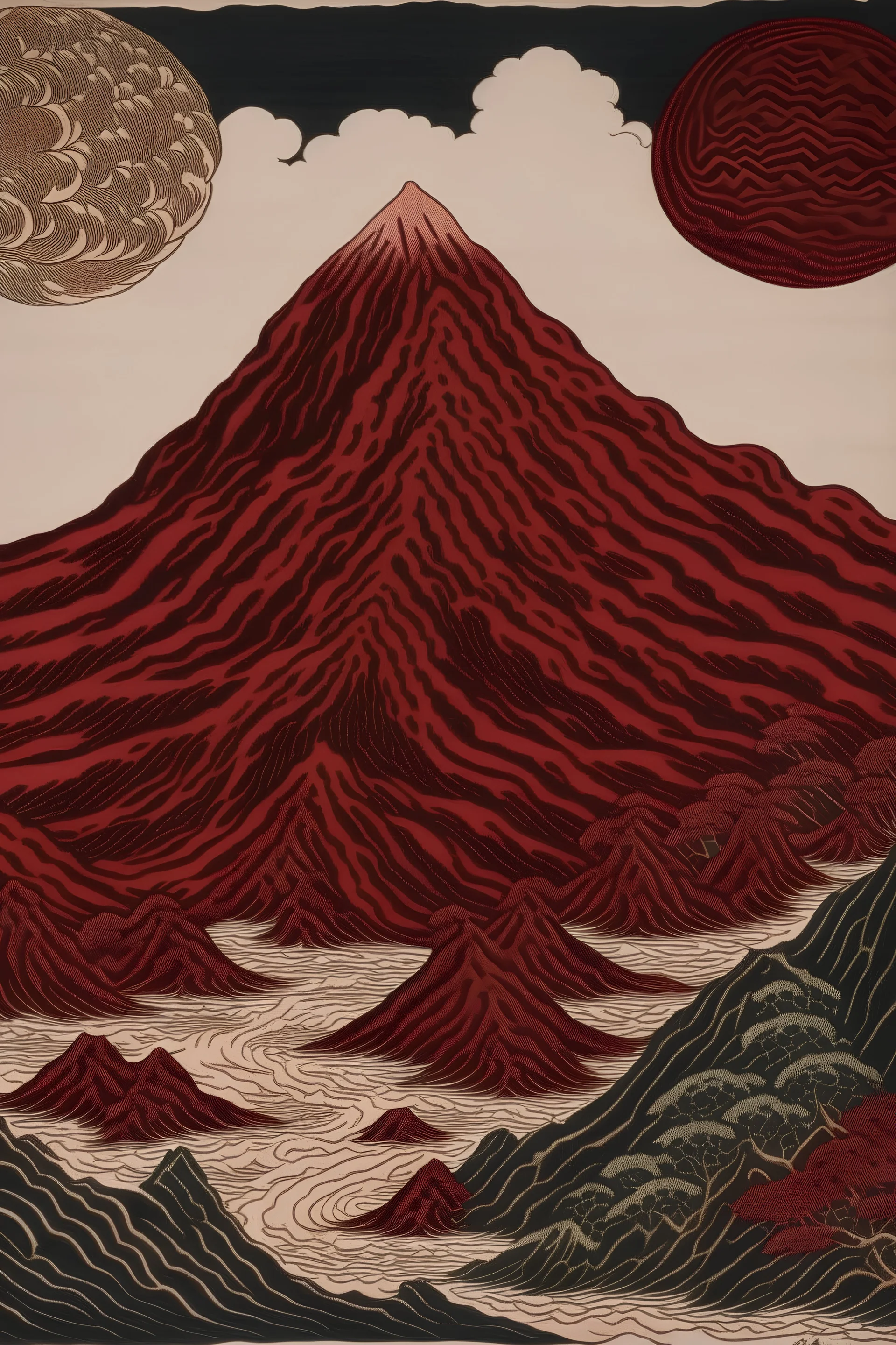 A dark red volcano designed in Chinese paper art painted by Katsushika Hokusai