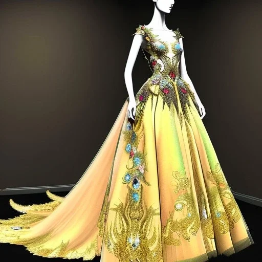 stunning couture gown designed by Marchesa inspired by fairies, realistic epic elegant fantasy colors in gold and black and red,decorated with precious stones, detailed, high quality, intricate, fantasyland background,