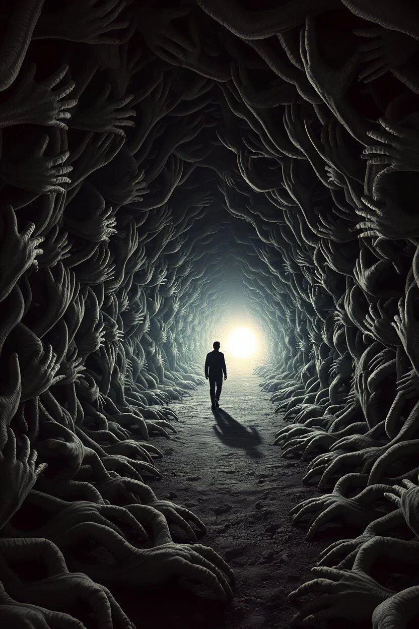A surreal scene a tunnel-like structure filled with intertwined gray hands , The tunnel is lined with countless writhing aliens bodies, creating a chaotic and nightmarish atmosphere. At the end of the tunnel, a solitary figure walks towards a distant light source, casting a glow that illuminates the scene. The overall color palette is muted with shades enhancing the ominous and unsettling mood. The level of detai