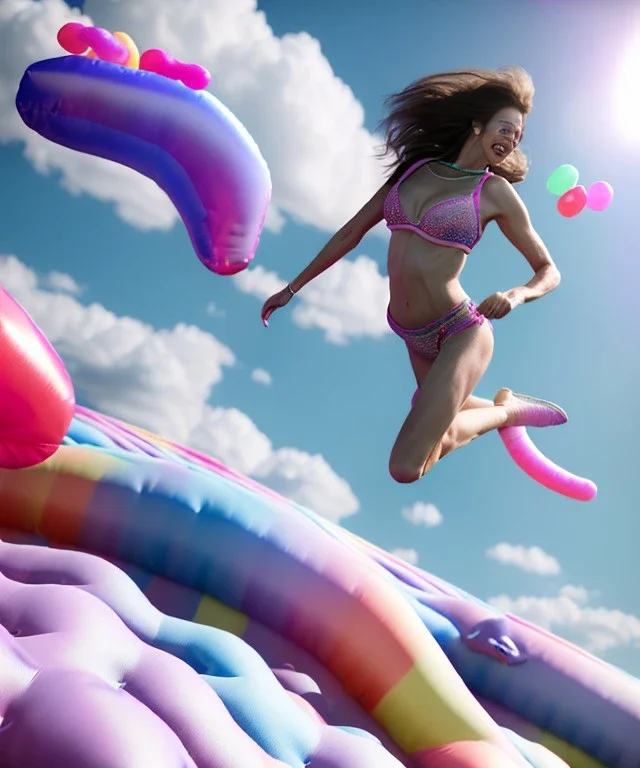 Ultra realistic speed clouds sky scene, wide angle view, sweet women falling down, inflatable color clothing, free jumping flying, many trinkets, hair monster. Clouds sea, many jelly beans, balls, color smoke, smile, happy, circus style, extreme, wind, 20,000 feet altitude, stratosphere, soft color, highly detailed, unreal engine 5, ray tracing, RTX, lumen lighting, ultra detail, volumetric lighting, 3d, finely drawn, high definition, high resolution.