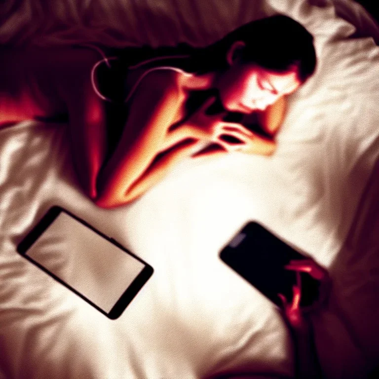 depressed woman typing at a smartphone laying on the floor of a dark bedroom impressionism