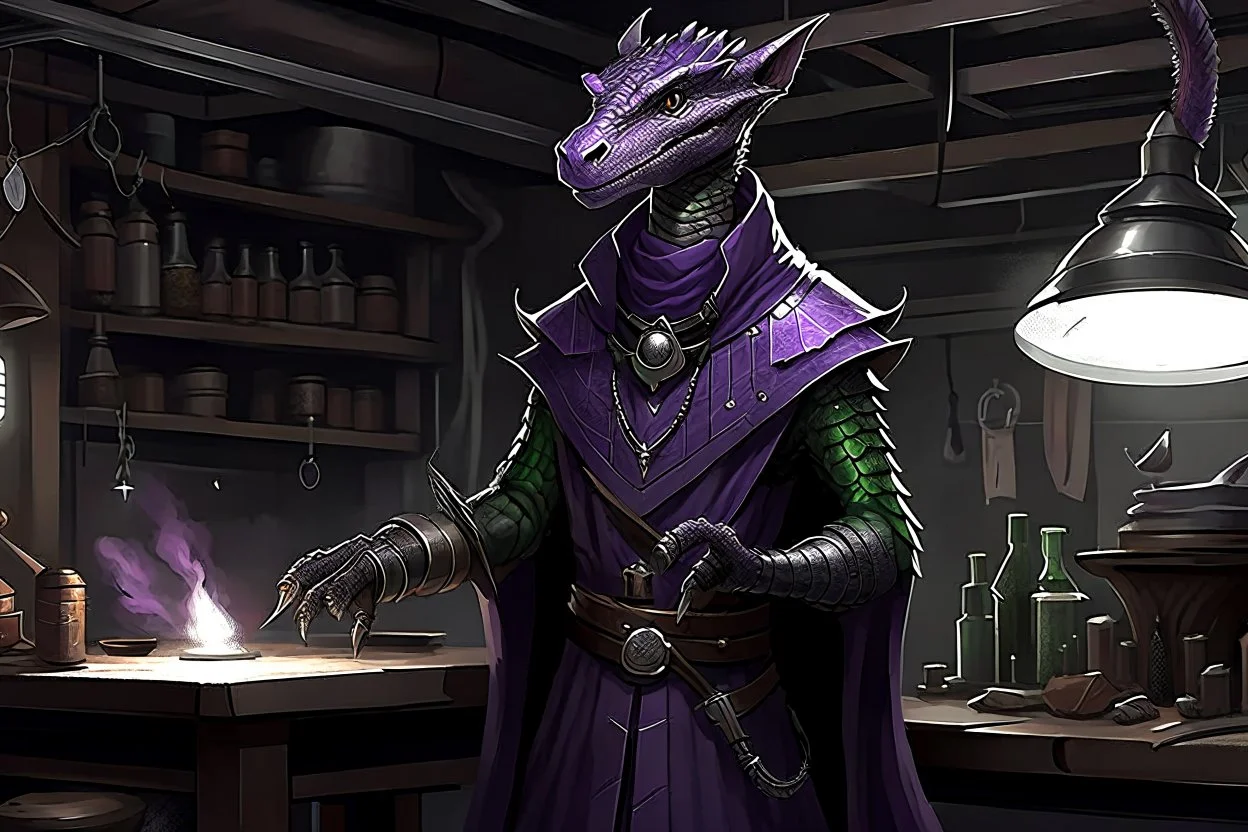 a black and purple, female argonian artificer who uses Tesla coils, skinny, wearing little armor and a cloak, in her lab