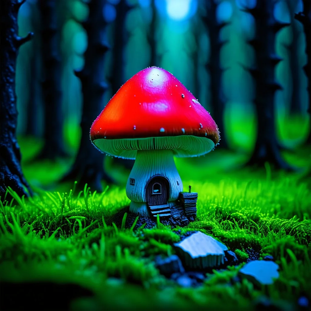 "Close up of a wonderful tiny Mushroom Tower home. Red and green with bright white, deep black and contrasting tones of gray magenta and violet colors. Illuminated bioluminescent forest. Professional painter, master at composition. small but detailed. broken, blurred background, voluminous lighting"