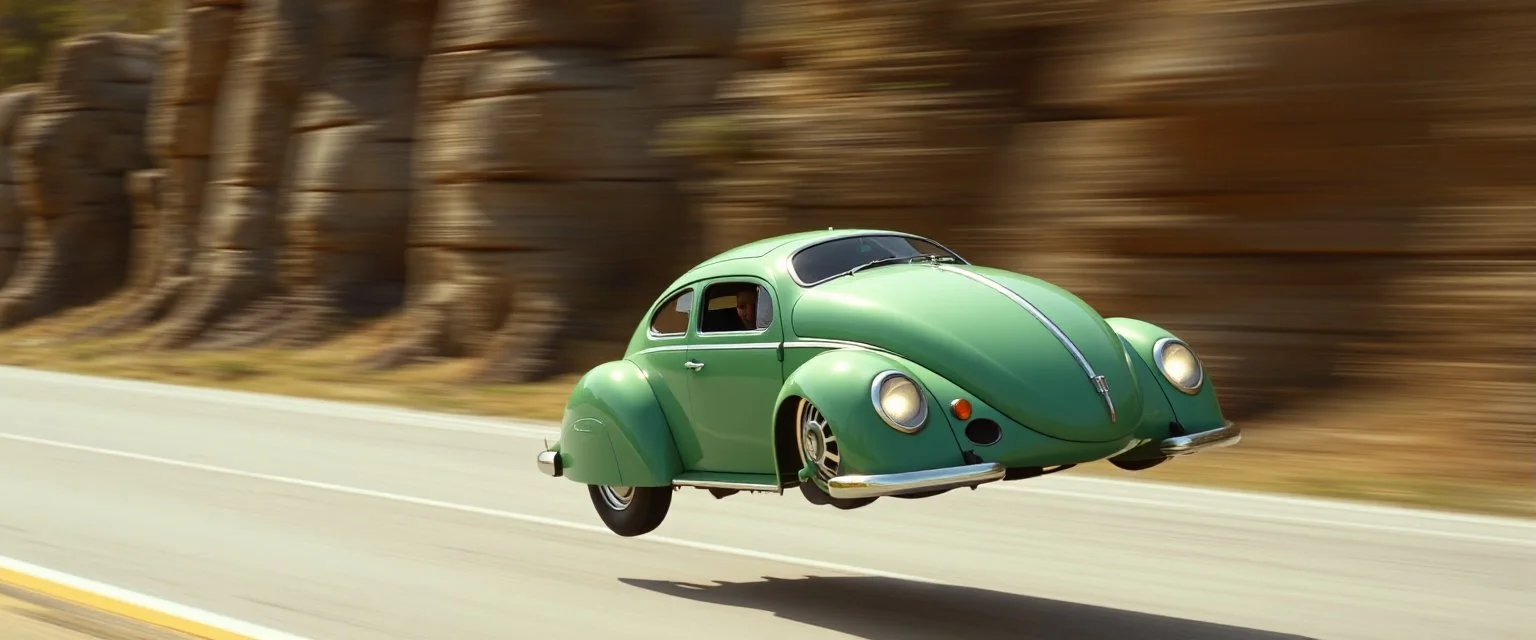 a high definition screen shot of a jet-fighter vw-beetle, retrofuturistic, phototrealism, in flight, one subject,