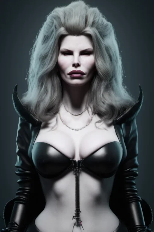 Kim Basinger as evil queen in black leather, busty, cleavage, curvy, angry, stern look. character design by cory loftis, fenghua zhong, ryohei hase, ismail inceoglu and ruan jia. unreal engine 5, artistic lighting, highly detailed, photorealistic, fantasy