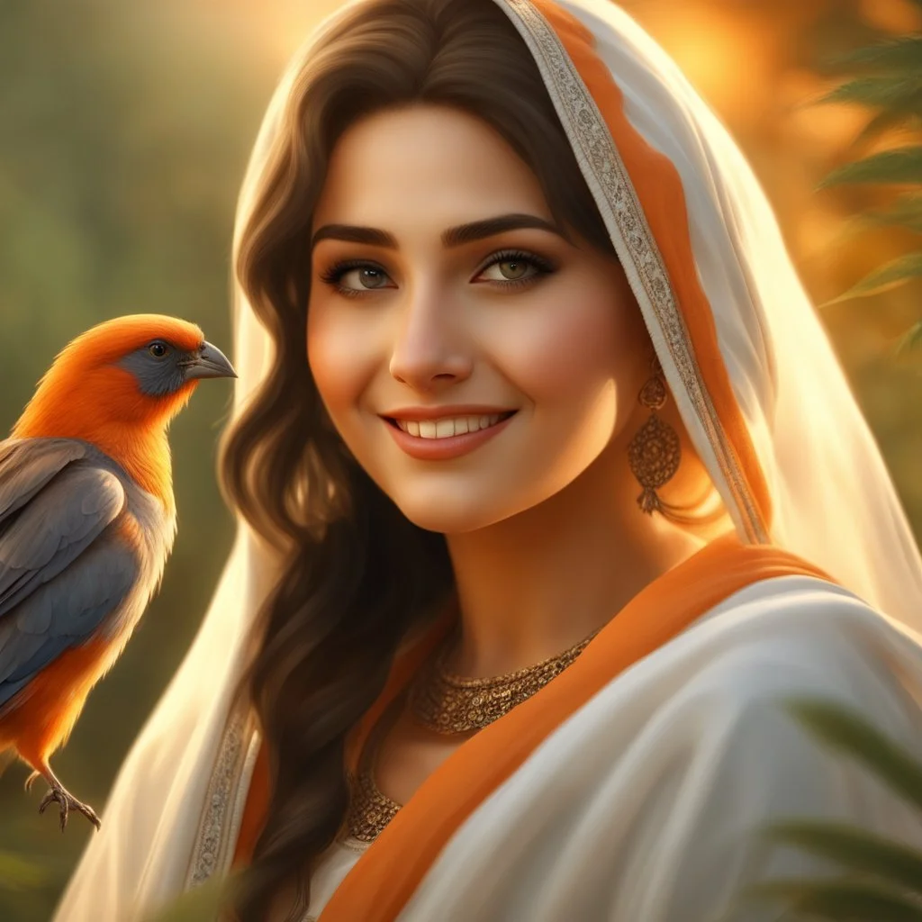 Hyper Realistic close-up-view of a Beautiful-Young-Happy-Pashto-Woman-with-beautiful-eyes-smiling-with-a-bird-on-his-hand with white-dress-&-orange-shawl & breeze-whirling in a jungle-with-tall-trees & cloudy-sunset-&-sun-rays showing dramatic & cinematic ambiance