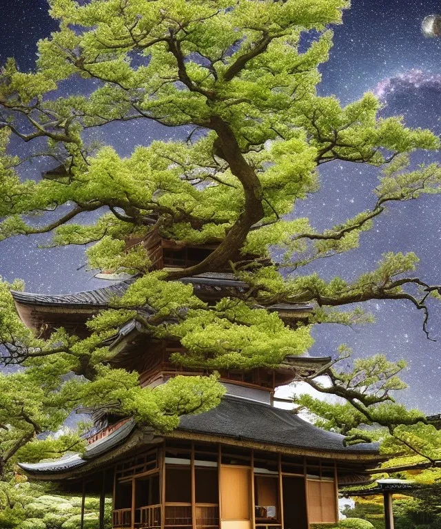 Japanese tea house in outer space with a nebula and otherworldly trees