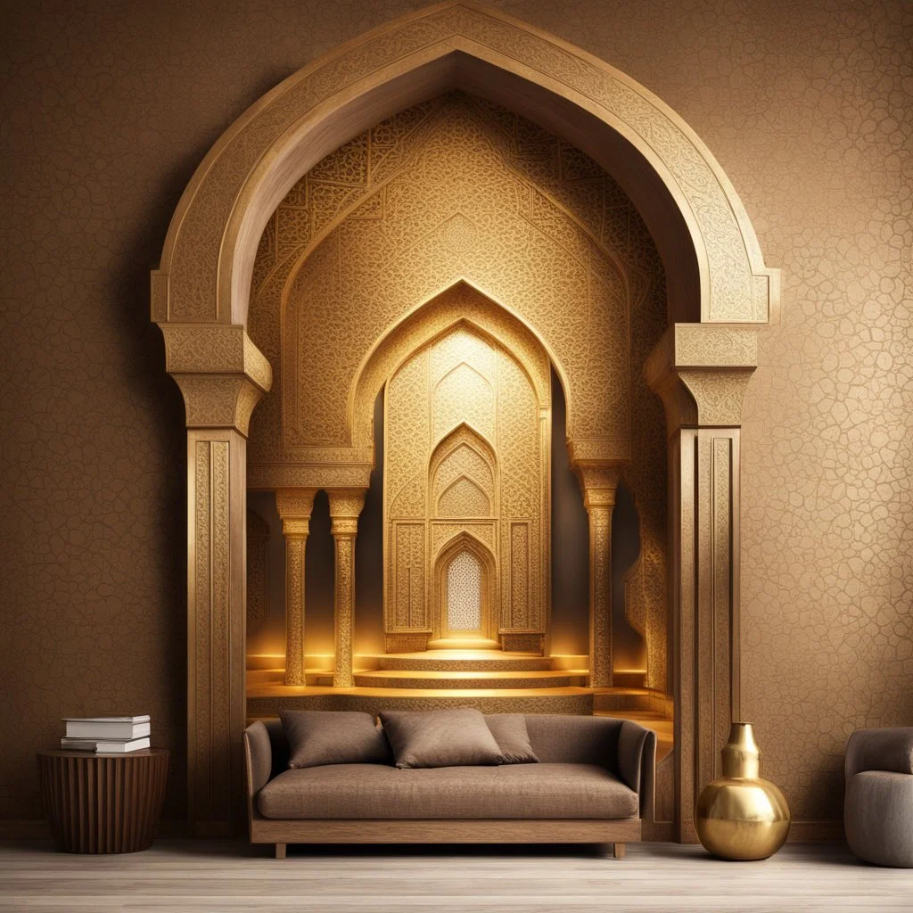 Hyper Realistic Bright-Glowing-Golden-Islamic-architecture on rustic-brown-rustic wall