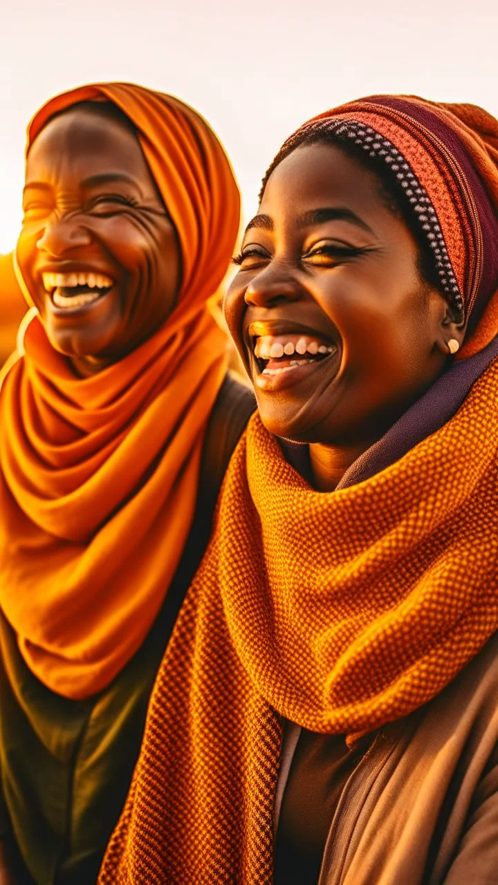 Two African women wearing scarf, laughing while watching the sun fall