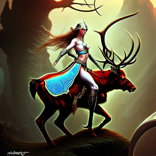 Epic Drawing of femaleElf ridng an elk LOTR Frank Frazetta style 4k