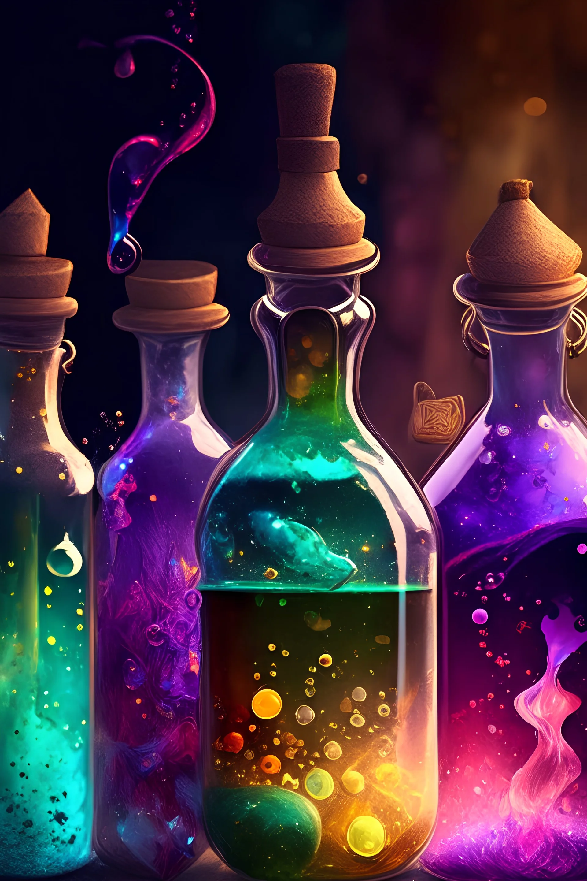 Magical Potion: A visually appealing image of colorful bottles filled with magical potions and shimmering ingredients.