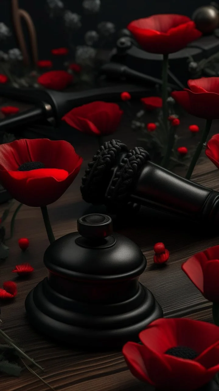 A wooden judge's gavel engraved with Tatiana's name. Next to a black pistol and two black leather gloves. Placed in a field filled with red poppies.. Dark garden background. Dark garden background cinematic.