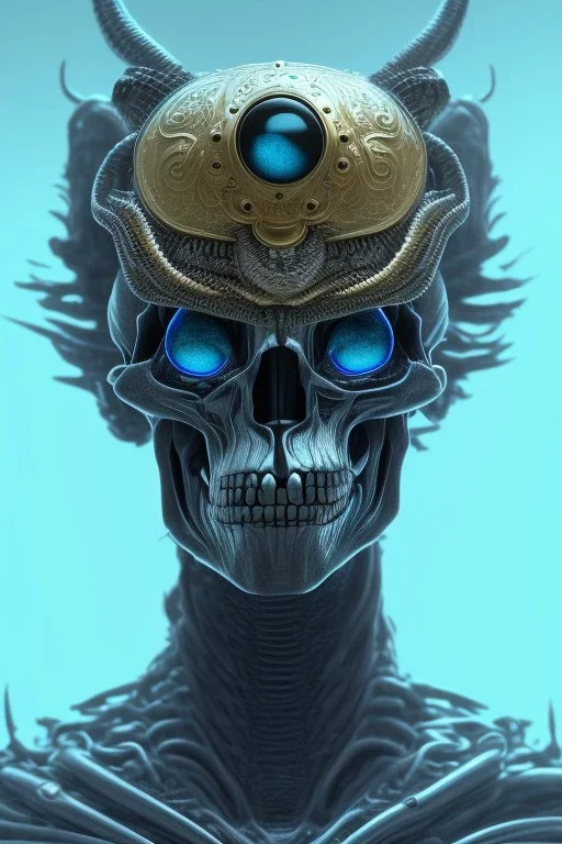 blue alien, head, evil, red eyes, weapons, blood, 8k, finely detailed, photo realistic, HR Giger style turquoise skull head gold dragon Mexican alien moon skeleton sombrero hat Black background