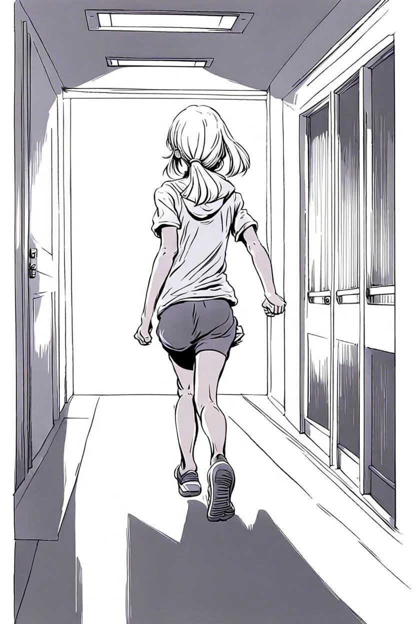 blonde girl runs in a corridor, back view, line arts, manga style