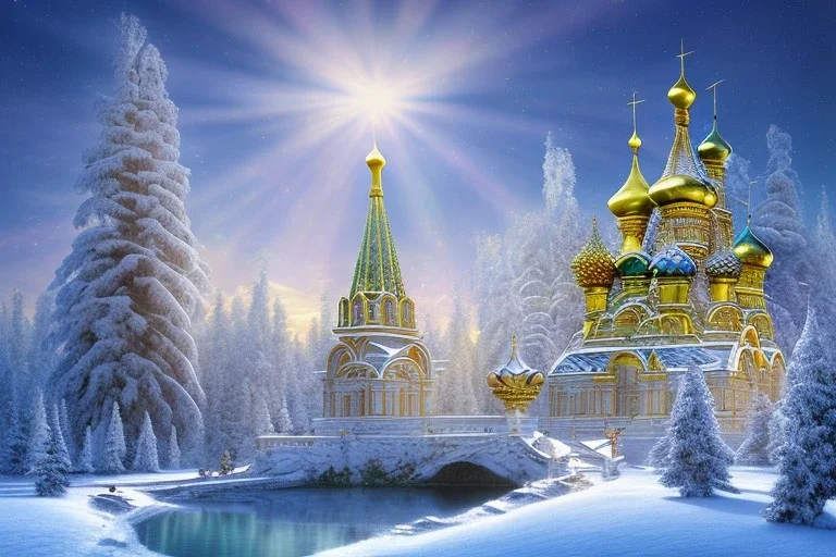 russian gold white palace on the mountain，waterfall, sun,10 snowy fir trees,blue lake,swanns, winter snow flakessnow, northern Lights blue pink, full of details, smooth, bright sunshine，soft light atmosphere, light effect，vaporwave colorful, concept art, smooth, extremely sharp detail, finely tuned detail, ultra high definition, 8 k, unreal engine 5, ultra sharp focus