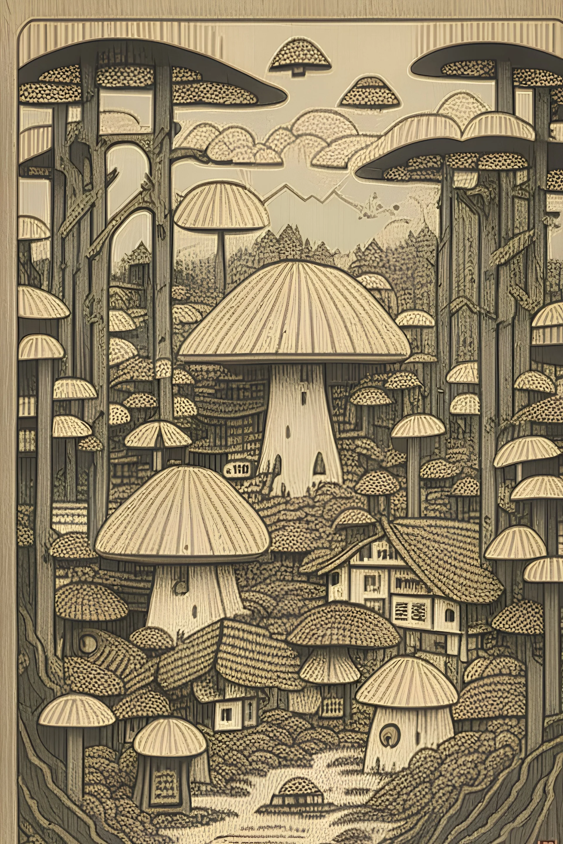 Mushroom village drawn in Japanese woodblock style