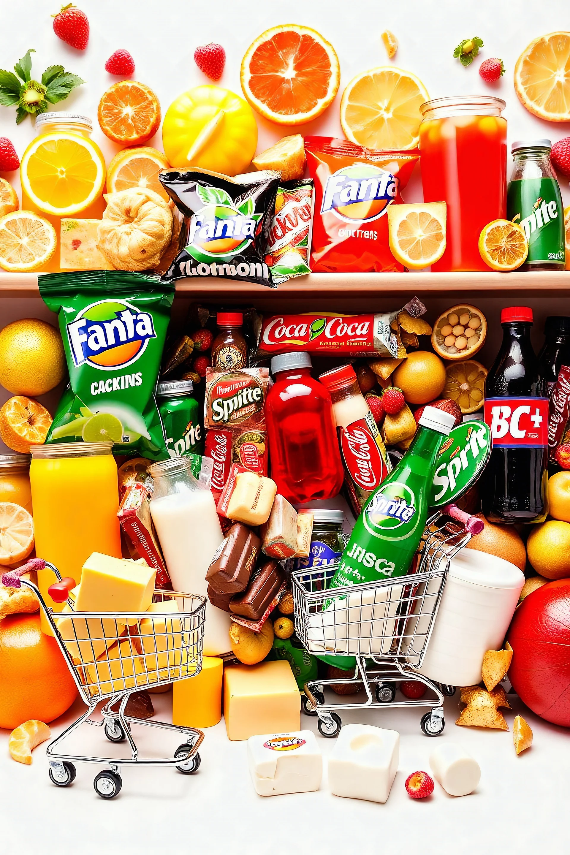 A design filled with various fruit juices, chips, Fanta, Coca-Cola, Sprite, various chocolates, shopping carts, cheese, butter, pasteurized milk, and dairy products in bright, cheerful, and eye-catching colors.