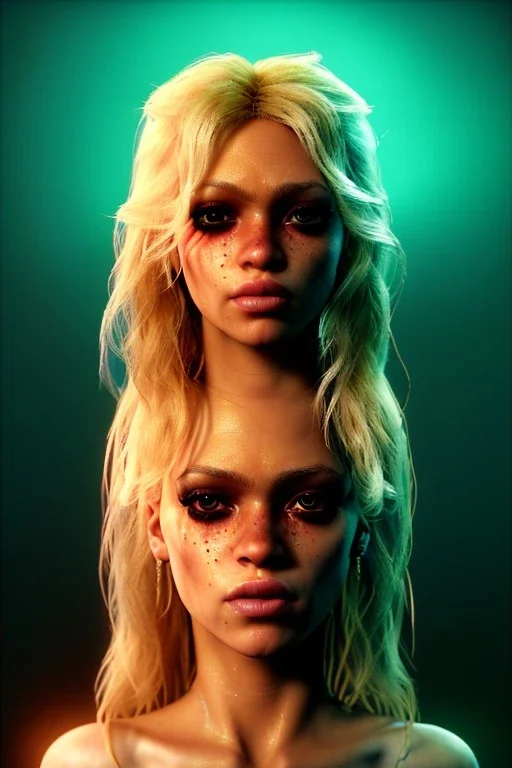 portrait, Shakira, blonde artist, angry, Realistic image, latex style dress. Skewers, loose long hair, eyes make up, perfect, glow, circle iris. Neon colors, leds, geometric shapes. Dark background, photo studio, neon lights. Mad max, concept art, smooth, unreal engine 5, god lights, ray tracing, RTX, lumen lighting, ultra detail, volumetric lighting, 3d, finely drawn, high definition, 4k.