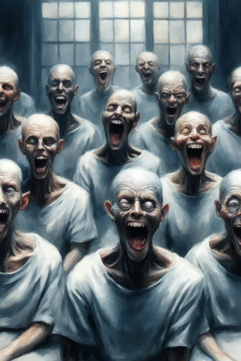 A group of lunatics are sitting in a hall watching television. They are laughing.Busch painting style