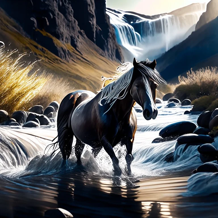 imagine prompt:a wild horse running in the creek, snowy mountains in the background, waterfalls, river running across, RAW photo, 8k quality, rays of light Modifiers: cinematic lighting dynamic lighting 4K 3D hdr Ultra realistic black ink Craig Rutkowski