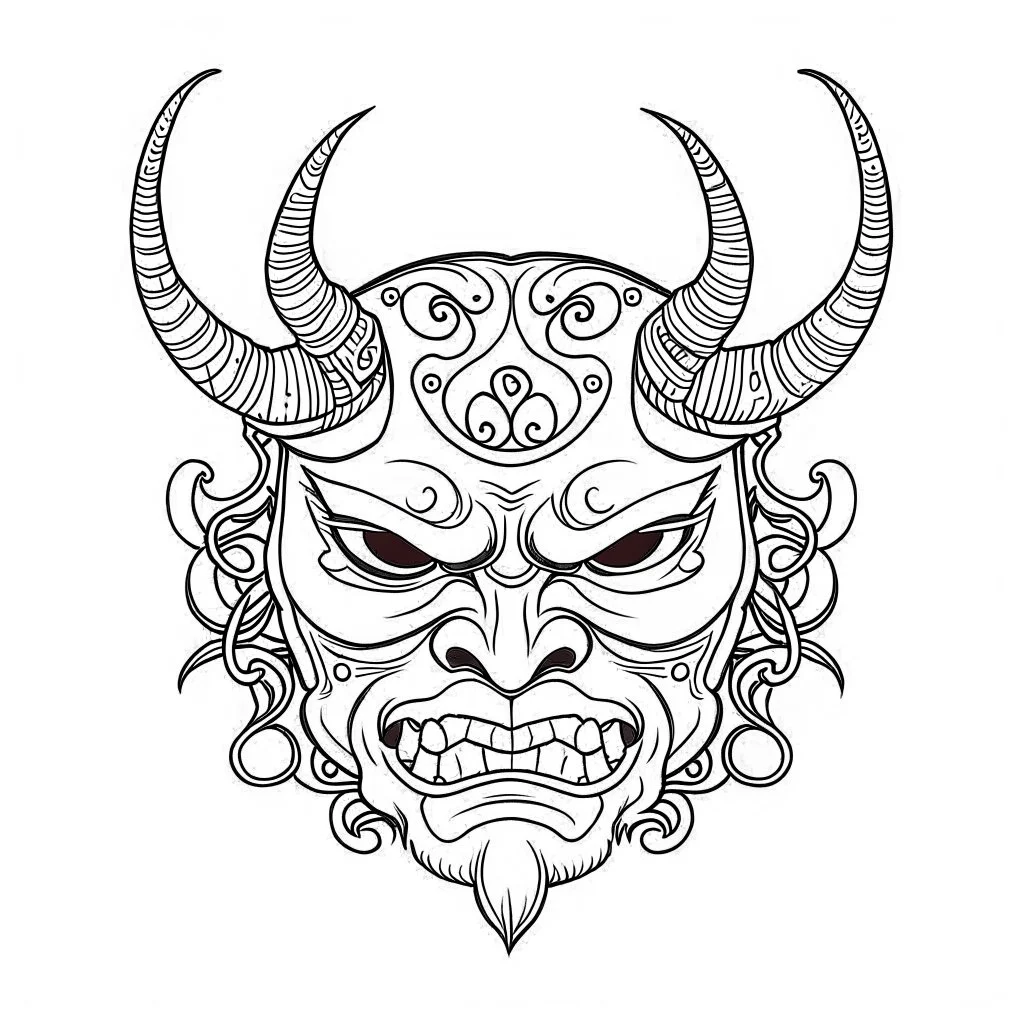 White, minimalis line art , oni mask japanes , vector, white background, outline, with images neatly contained within the background, just black and white color,