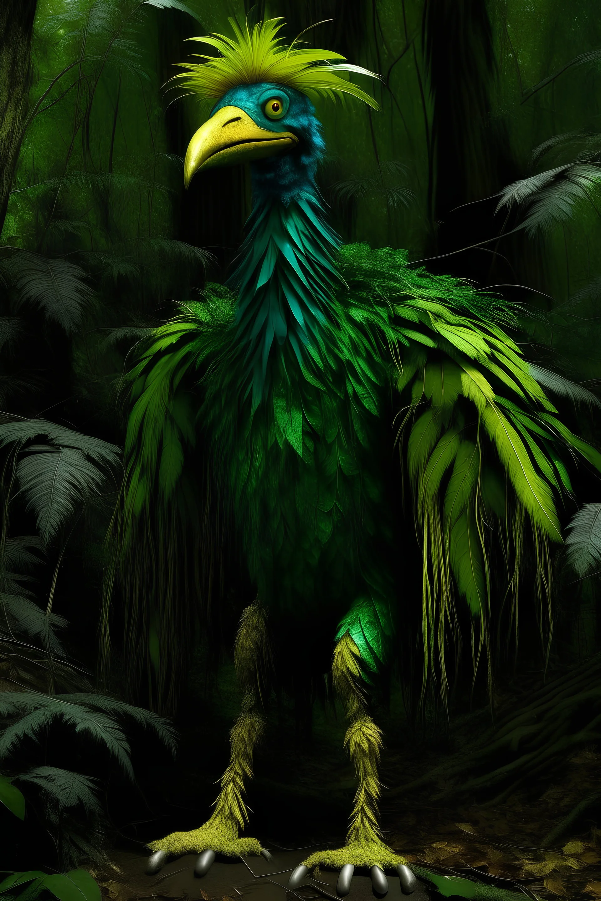 big bird 9feet tall with dark green feathers, in a Amazonian forest. looking mysterious and and having a human posture, and make it looking like he wears a costume of his feathers and make it looking mysterious