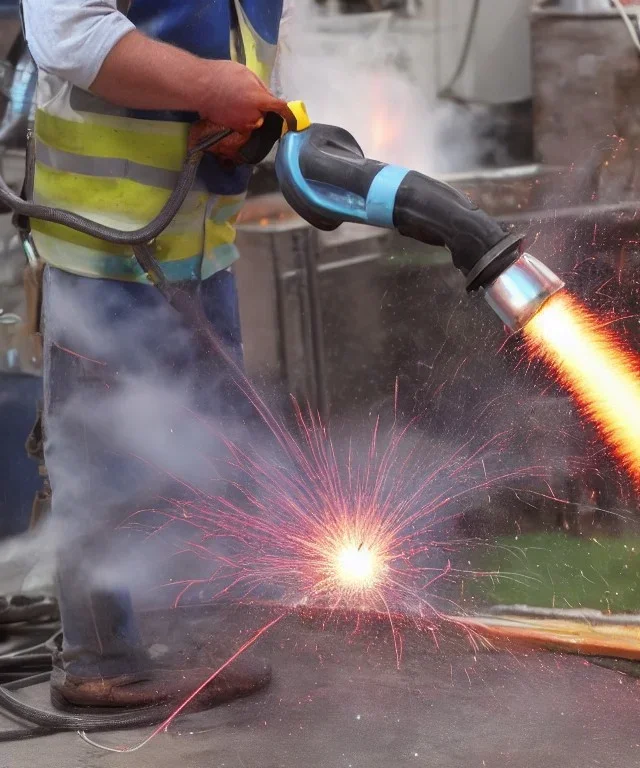 A hose pouring cosmic goo water fire plasma electricity angle grinder Sparks