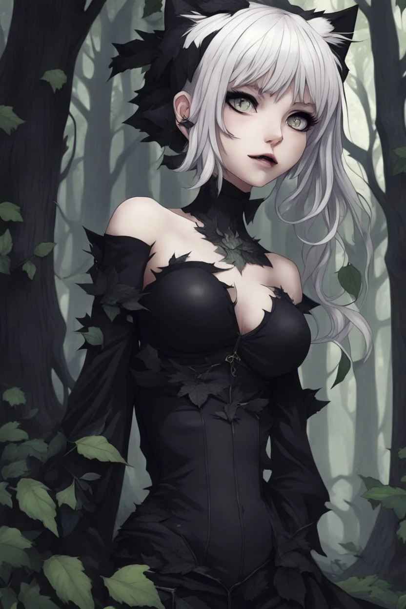 CAT GIRL, goth, forest, nature, cartoon, leaves, half black half white hair, boobs