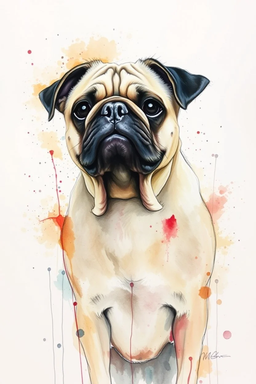 A portrait of a pug by Agnes Cecile by Willem Haenraets, loose watercolour, pastel, chalk, wet on wet and splattering techniques, centred, perfect composition, abstraction,