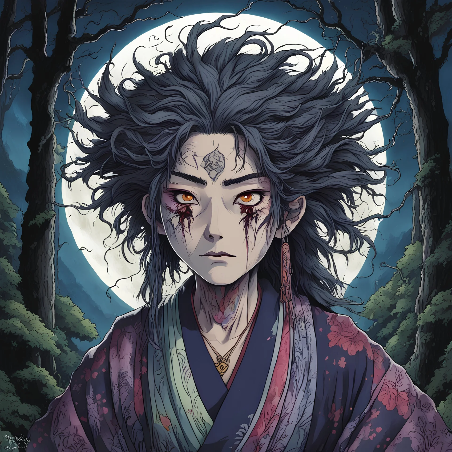 full color front facing portrait of a malevolent Yama Uba witch in a ragged kimono with highly detailed shaggy hair and slim, withered narrow facial features, in a haunted mountain forest, pierced by shafts of moonlight , art in the style of spirited away, studio ghibli, , 8k , finely detailed and precise line work, soft natural Spring colors