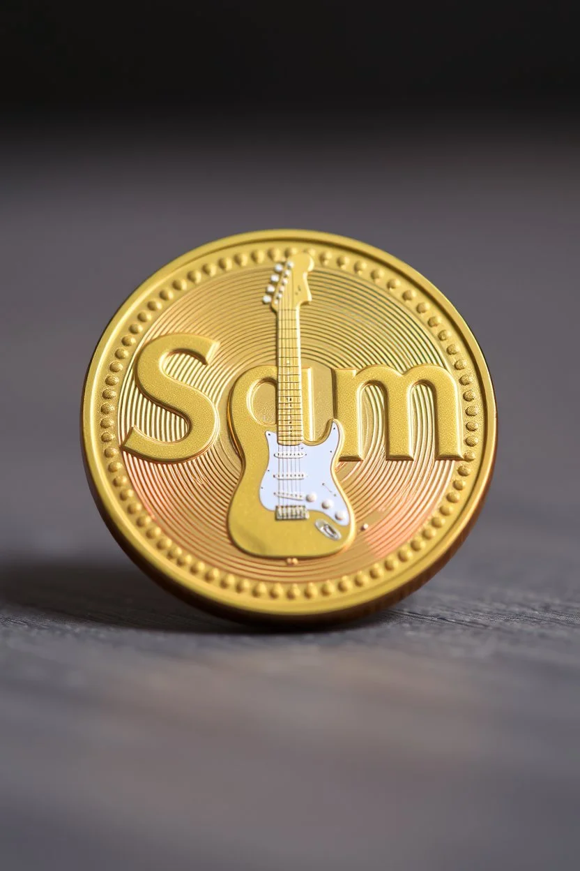 view of the word, Sam ,Samarrrai , on a gold coin ,with picture of , electric guitar, in the middle of the coin.