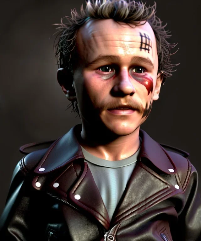 Heath ledger toddler, full body, leather jacket, floral shirt, soft skin, dramatic lighting, hyper realistic