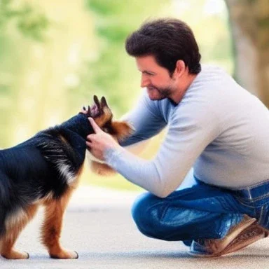 A man petting the dog