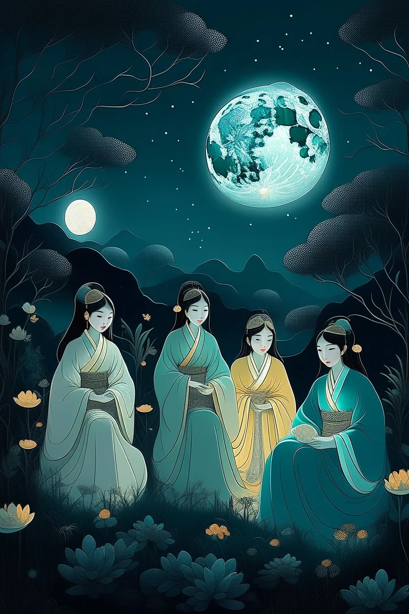 "Create an evocative AI art piece depicting natural moonlit nightwives, inspired by folklore. Illustrate ethereal women in traditional attire, engaged in quiet activities under the soft glow of the moon. Infuse an air of mystique and nostalgic