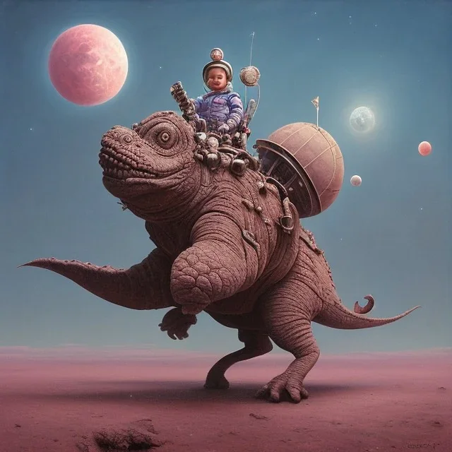 1yo little boy is on safari on the moon. riding a pink dinosaur. he has big and a funny hat. High detailed. Cinematic. oil on canvas painting. Warm lights. beksinski