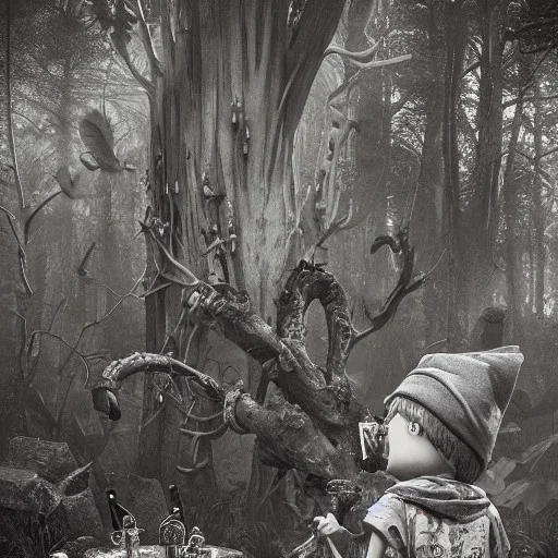 punk gnome playing dj set, magic luminous forest background, digital Art, perfect composition, beautiful detailed intricate insanely detailed octane render trending on artstation, 8 k artistic photography, photorealistic concept art, soft natural volumetric cinematic perfect light, award - winning photograph, masterpiece, raphael, caravaggio, greg rutkowski, beeple, beksinski, giger, chiaroscuro, pixar