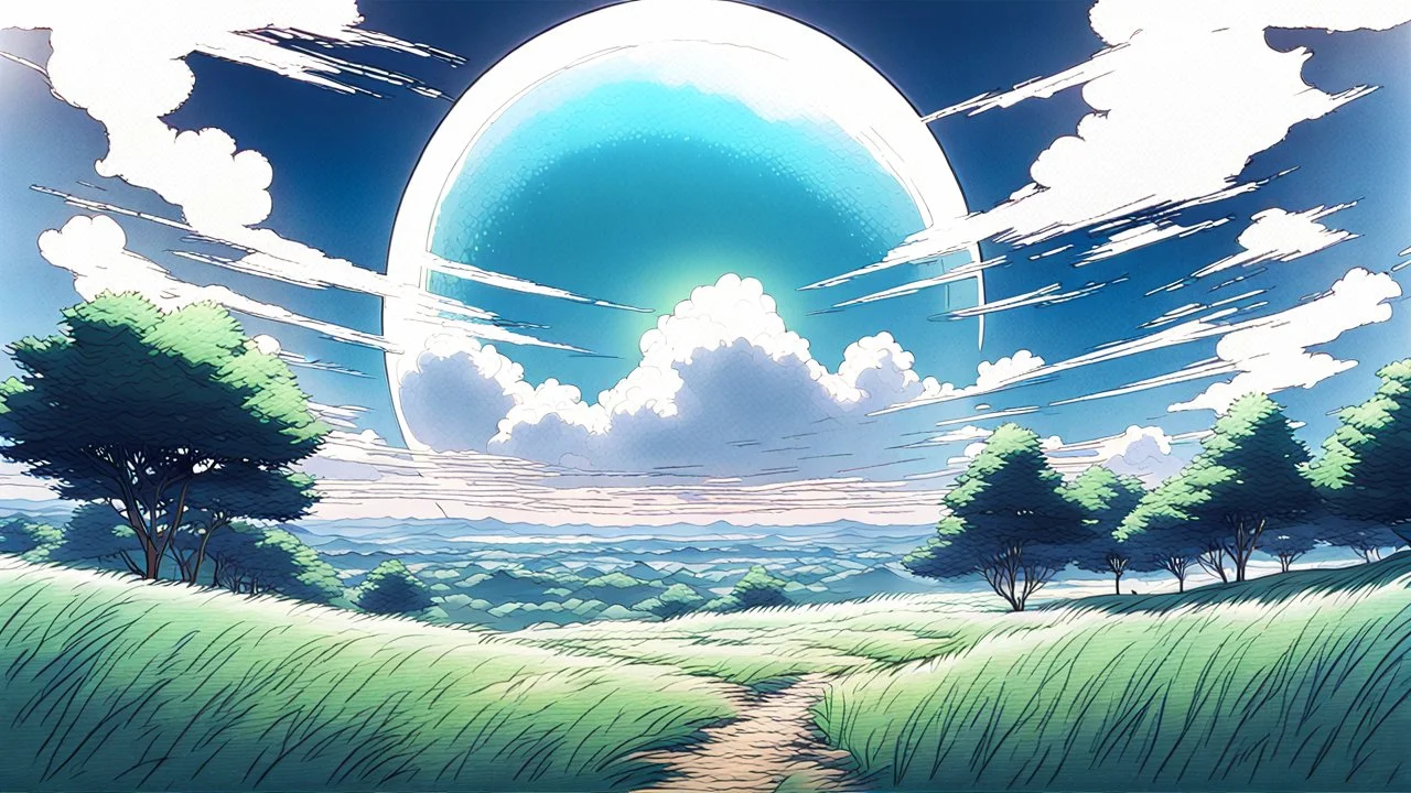 giant half transparent virtual moon, glitchy, blurry, maximum quality, centered on frame, far view, in the middle of a grassy hill, white sky with cumulonimbus, manga, makoto shinkai style