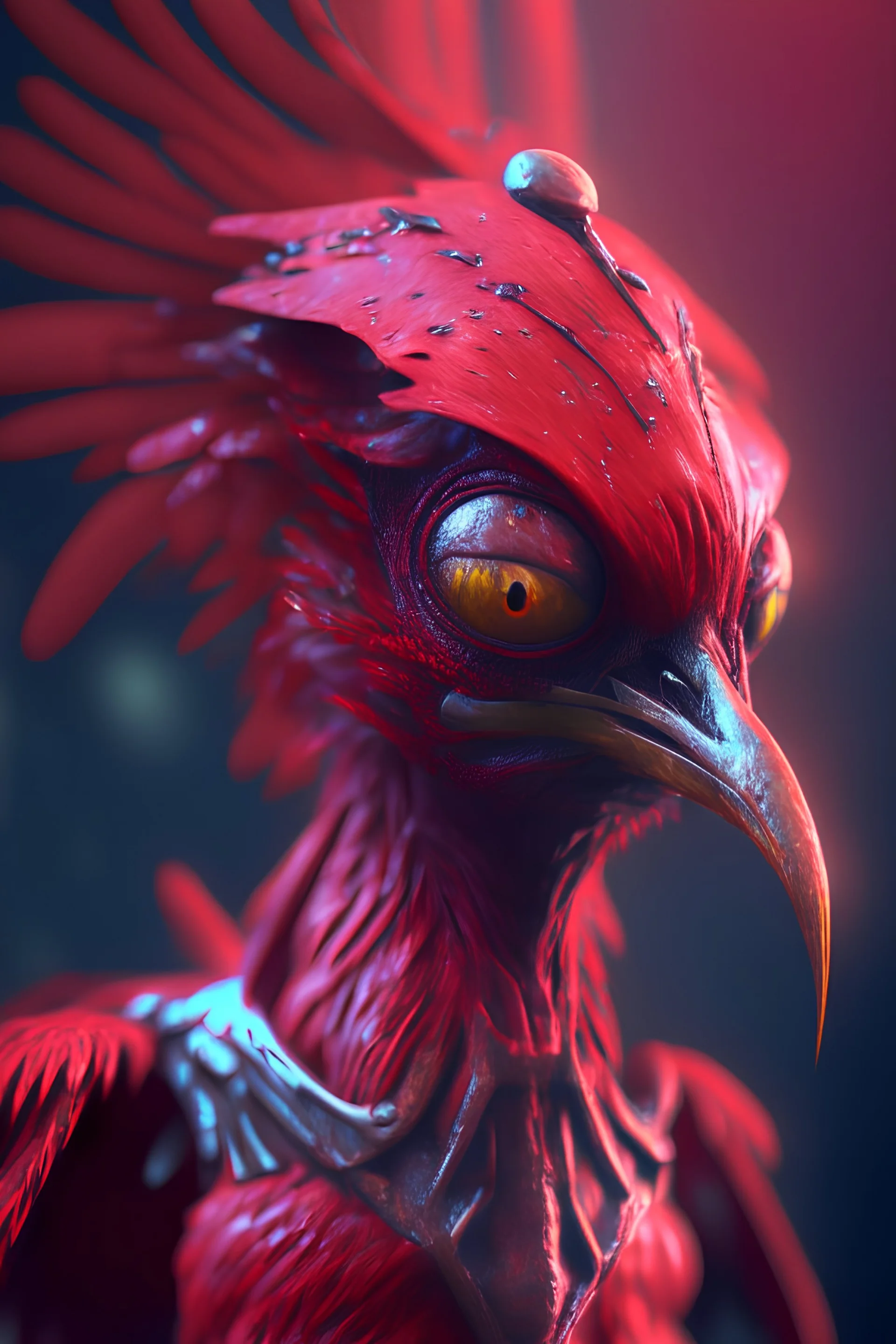 Humanoid red bird alien ,photorealism, hdr, 16k, octane effect, unreal engine, cinema 4d, POTRAIT, Fantasy