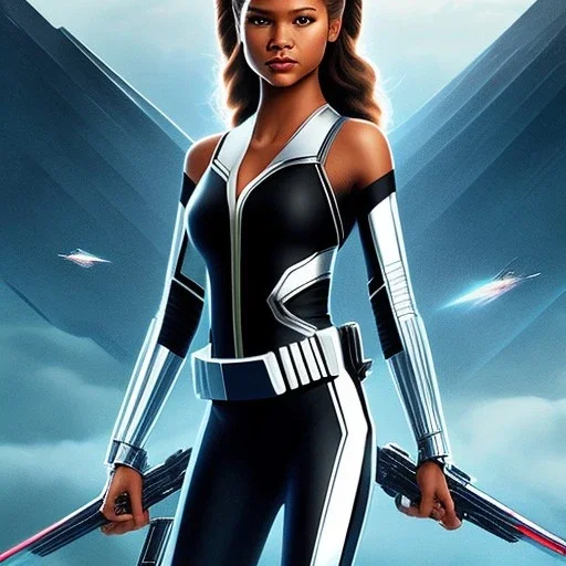 Zendaya, star wars black bikini uniform Empire officer, black uniform, movie poster, heroic gaze windswept hair