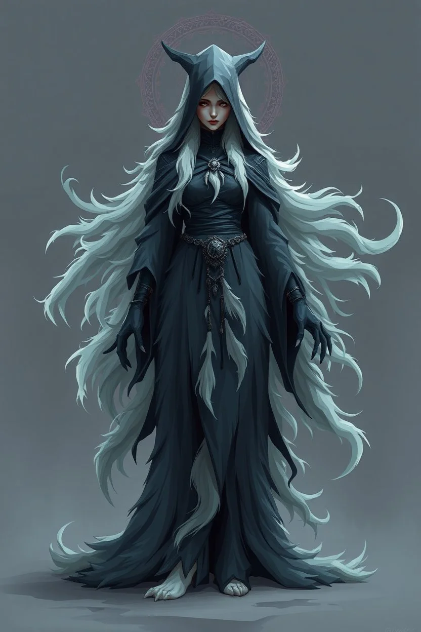 good low poly priest woman with long fur all over her entire body and eerie aura swirl