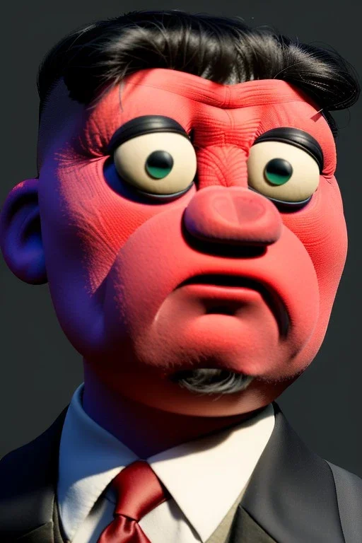 Waist up muppet Portrait, Kim Jong-un muppet doll, black suit, photo studio, red background, unreal engine 5, concept art, art station, god lights, ray tracing, RTX, lumen lighting, ultra detail, volumetric lighting, 3d.