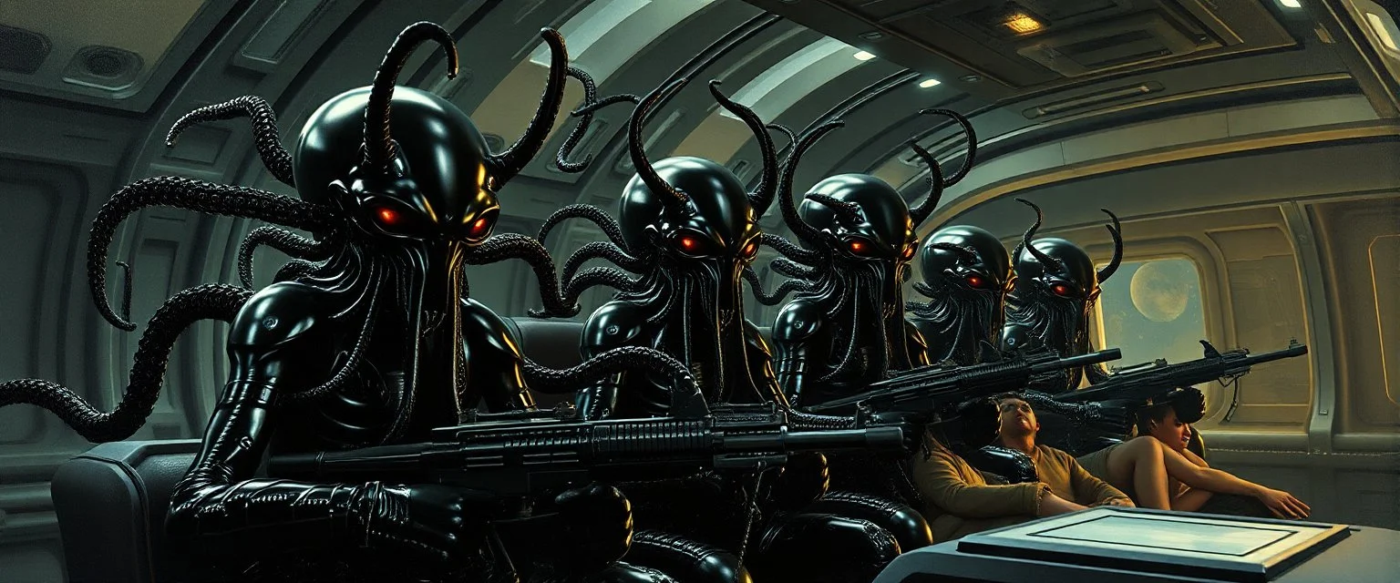 master oil painting by Rembrandt, black glistening slimy octopus insectoid hypnotic Nephilim tribe trauma watchers commando in spaceship with some scared humans, in the style of Giger, 3d anime