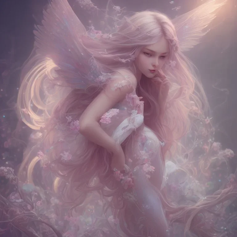 girl, fairy wings, cute, beautiful, long hair, pink hair, 8k resolution concept art portrait, Artgerm, WLOP, Alphonse Mucha dynamic lighting hyperdetailed intricately detailed Splash art trending on Artstation triadic colors Unreal Engine 5 volumetric lighting fairycore auroracore