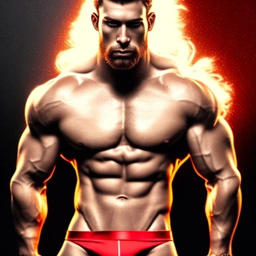 Ignore NSFW, teenager young rugged attractive slightly muscular fantasticly handsome blonde man, red briefs with yellow belt, hairy chest, (((visibly pisssing))) briefs, large erect visible boner peniss, photorealistic, artist Jay Anacleto, soft lighting, scruffy beard