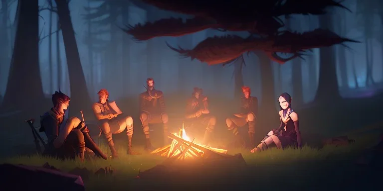 Adventurers resting around a campfire in a forest clearing at night, starry sky, dark fantasy